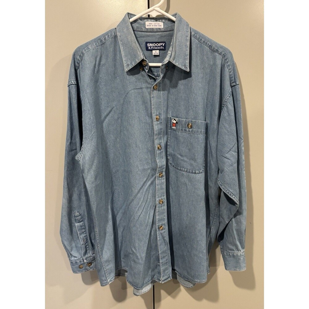 Vintage Snoopy & Friends Shirt Mens XL 16 32/33 Blue Denim Button Down 90s